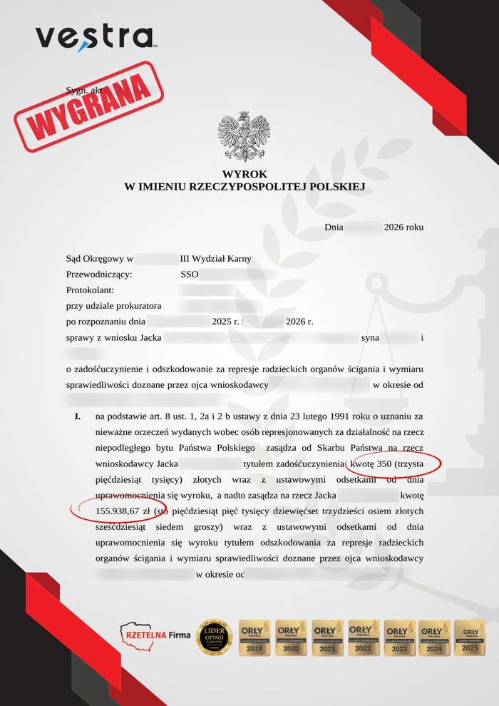 Wyrok — sprawa o odszkodowanie i zadośćuczynienie za represje