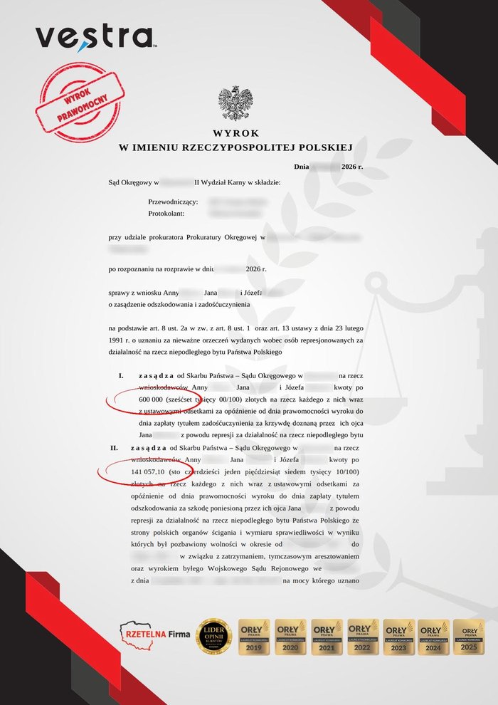 Wyrok prawomocny — sprawa o odszkodowanie i zadośćuczynienie za represje