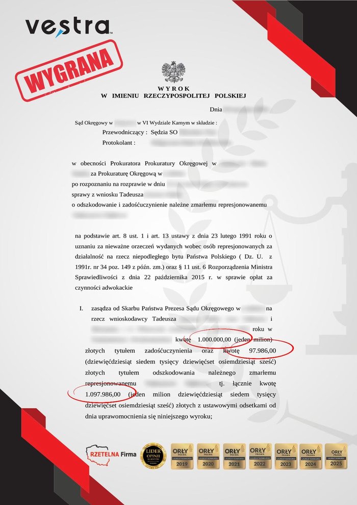 Wyrok — sprawa o odszkodowanie i zadośćuczynienie za represje