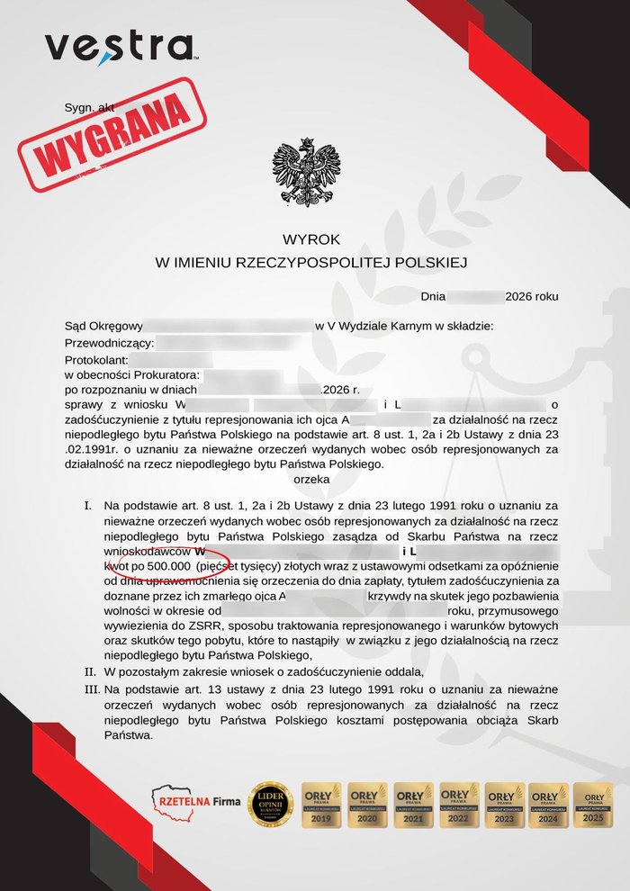 Wyrok — sprawa o zadośćuczynienie za represje