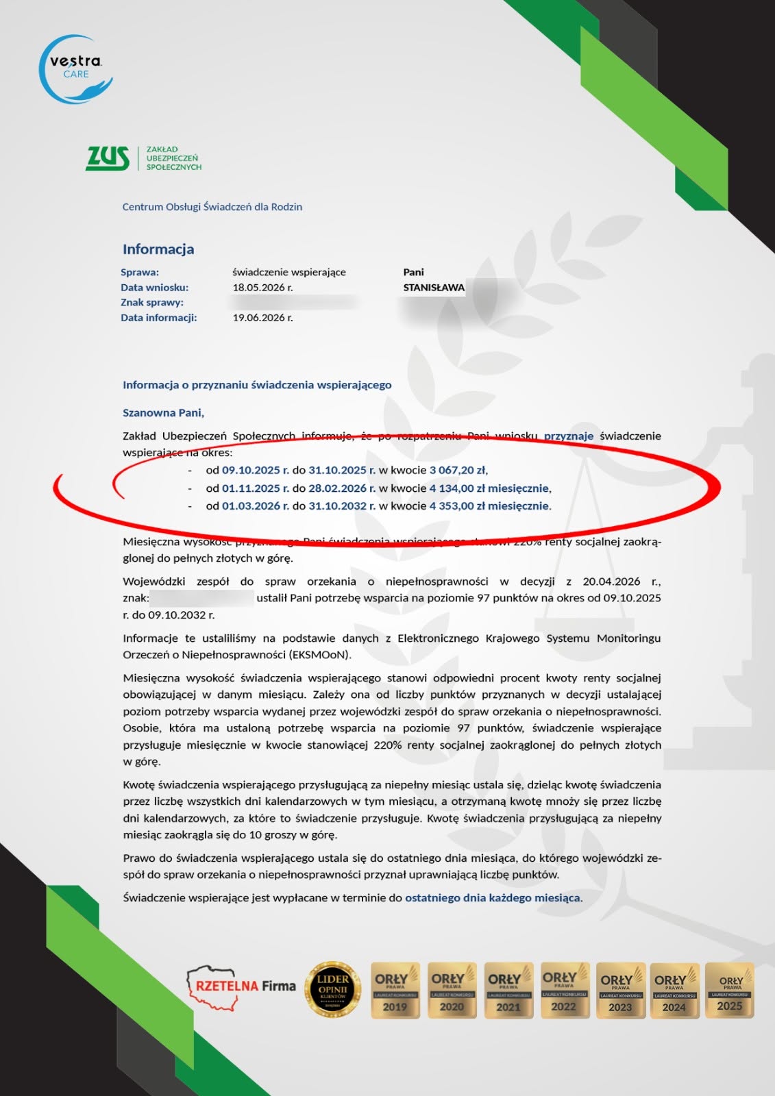 Decyzja ZUS o przyznaniu świadczenia wspierającego — przykład 1