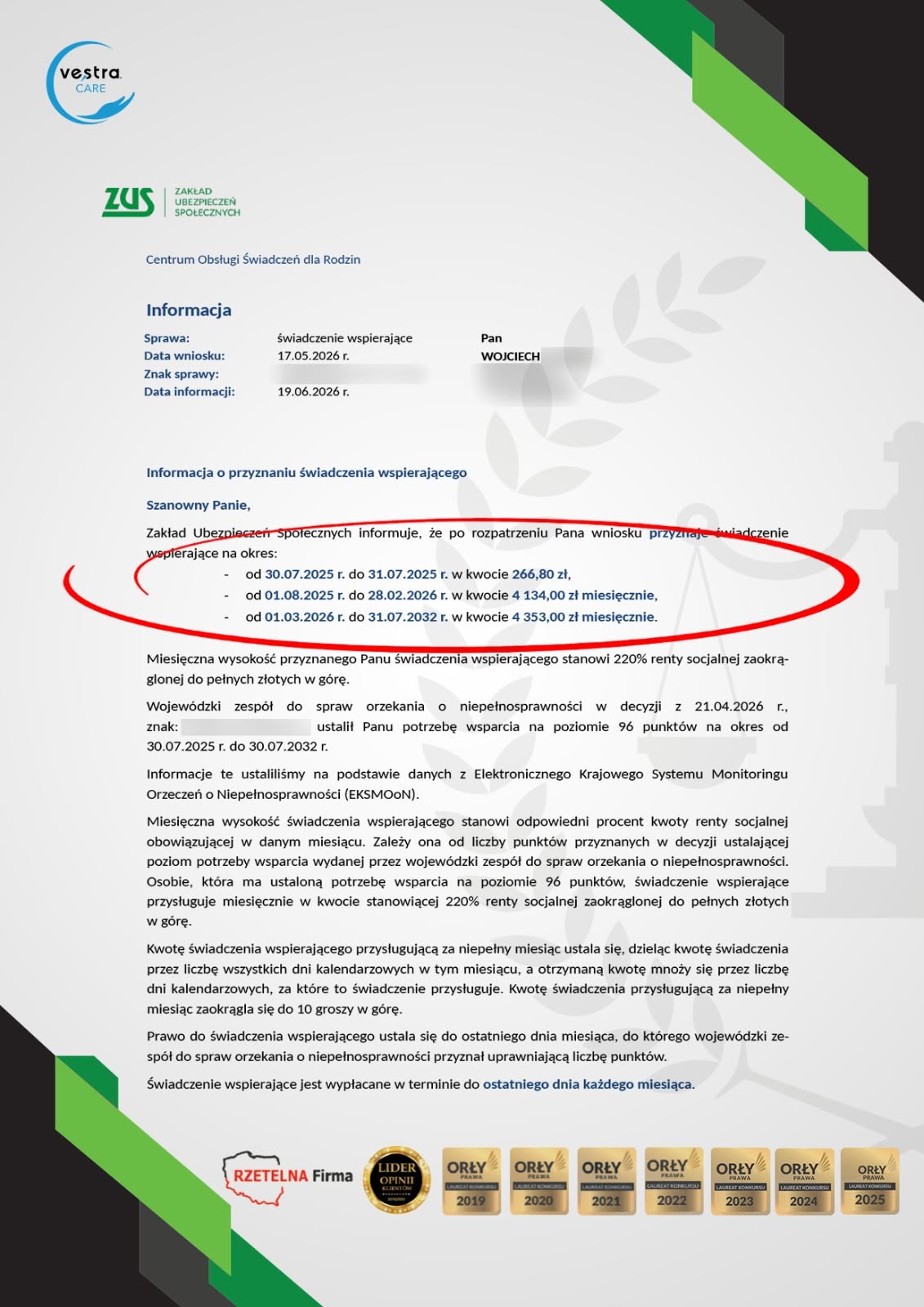 Decyzja ZUS o przyznaniu świadczenia wspierającego — przykład 2