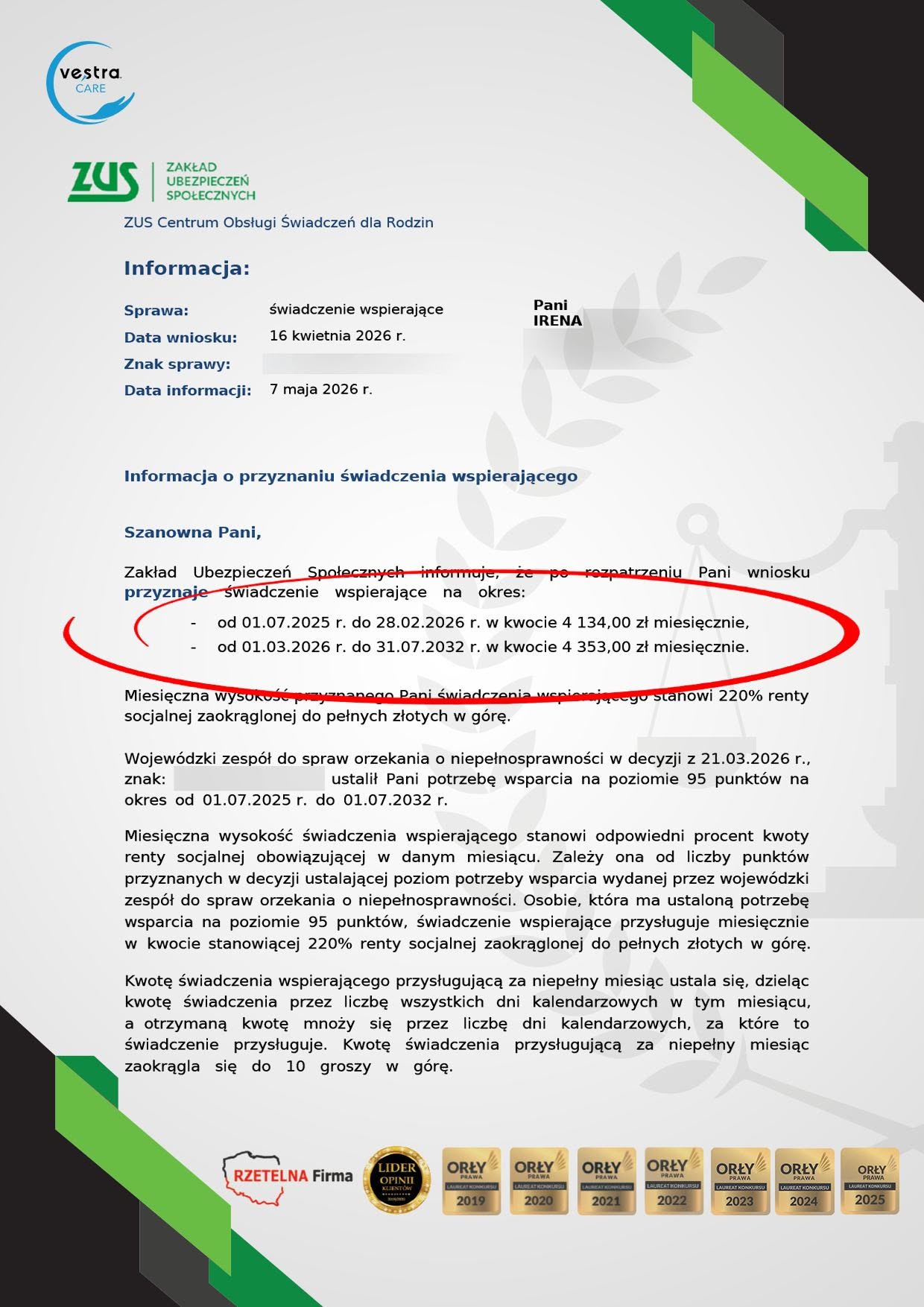Decyzja ZUS o przyznaniu świadczenia wspierającego — przykład 4