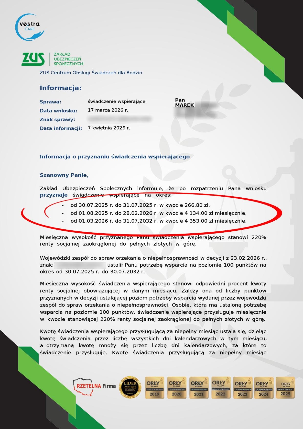Decyzja ZUS o przyznaniu świadczenia wspierającego — przykład 5
